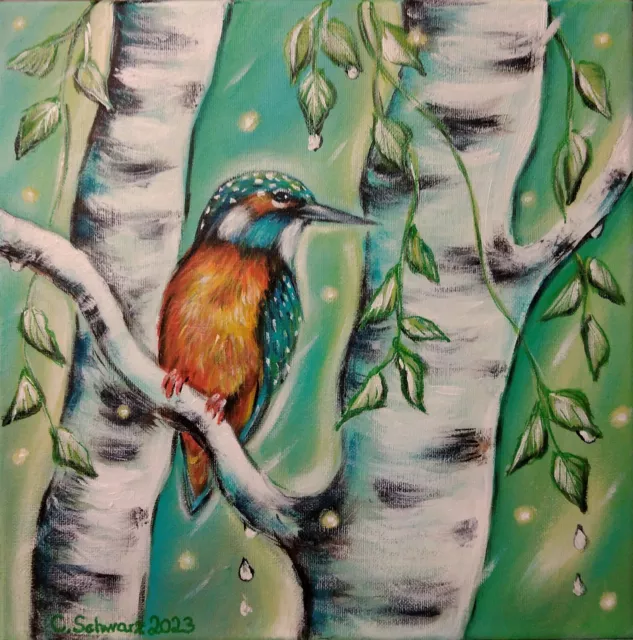 EISVOGEL IM FRÜHLINGSREGEN, Kunst Deko Bild Vogel grün gemalt Christiane Schwarz