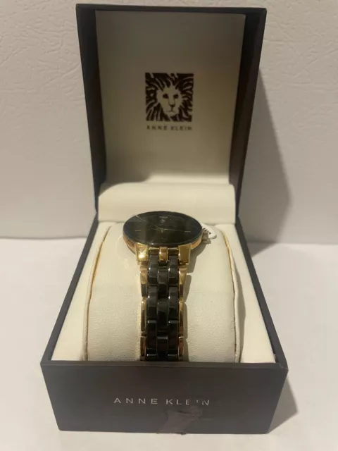 Anne Klein Women's Genuine Diamond Dial Ceramic Bracelet Watch Black/Gold new