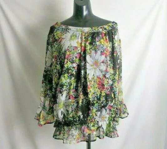 R Q T Women's Blouse L Sheer Floral w/ Black Camisole Sewn In Peasant Top Boho
