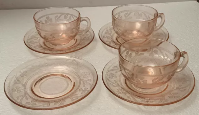Hazel Atlas Depression Pink Cloverleaf Three (3) Cups and Four (4) Saucers