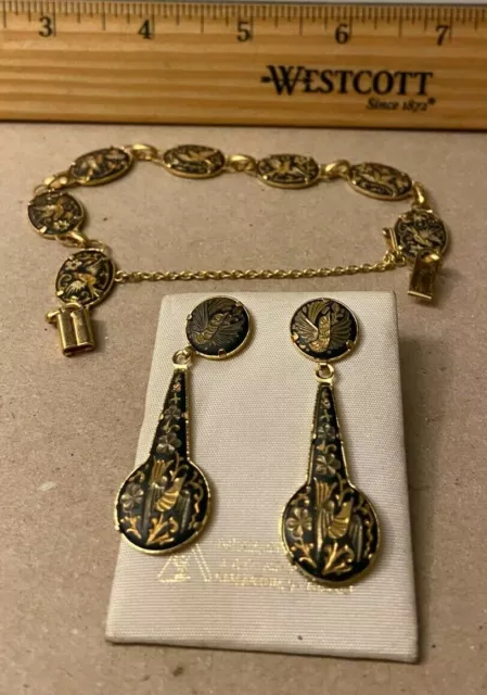 Vintage Damasquindo De Oro 24k Gold Inlaid Earrings and Bracelet