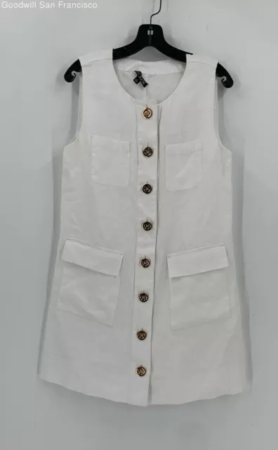 J.Crew Womens White Linen Sleeveless Pockets Button Front Shift Dress Size Small