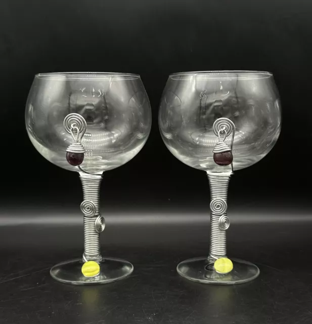 2 Dary Rees Original Wrapped Metal Wire Glass Stone Wine Glasses Hand Crafted KC