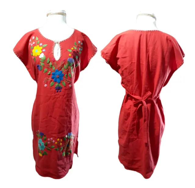 Mexican Hand Embroidered Women Peasant Tunic Top Red Etnic  Sleeveless M/L