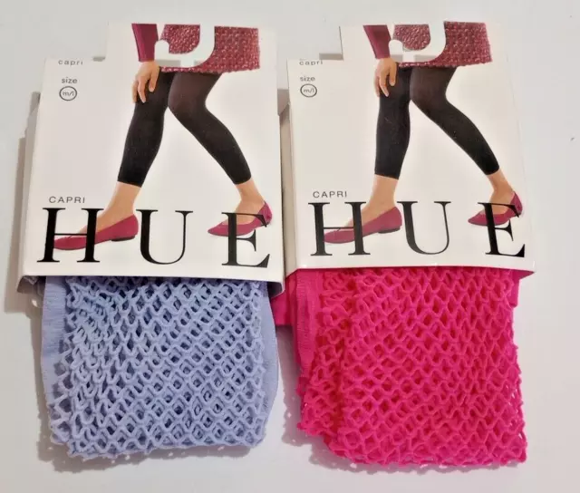 2 PAIR HUE Fishnet Capri Tights Size M/L fits 165-200 lbs Lilac & Sherbert - NWT