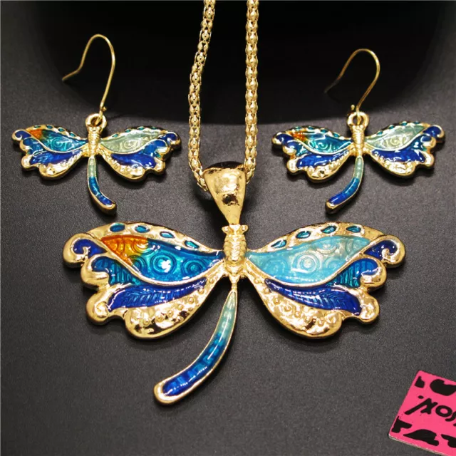 Hot Betsey Johnson Blue Enamel Dragonfly Crystal Chain Necklace Earring Set