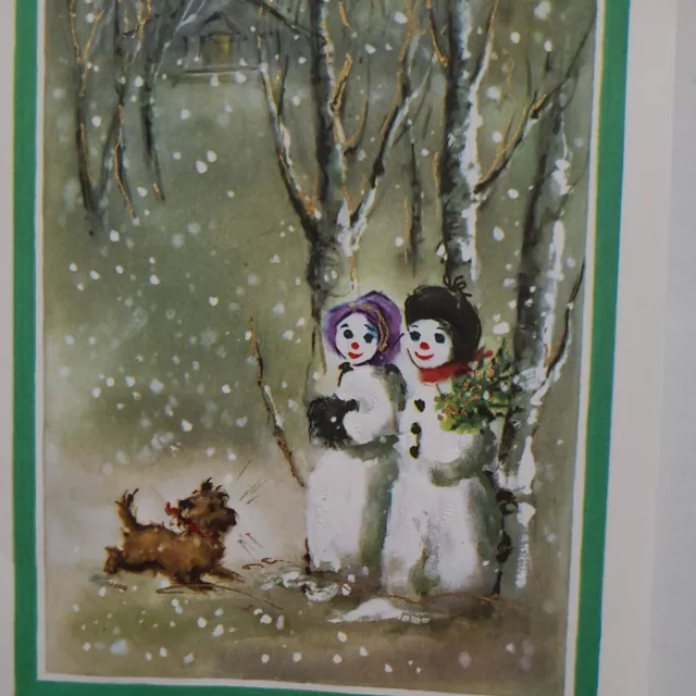 UNUSED Vtg SNOWMAN Couple in SNOWY Woods w PUPPY Dog CHRISTMAS Embossed CARD
