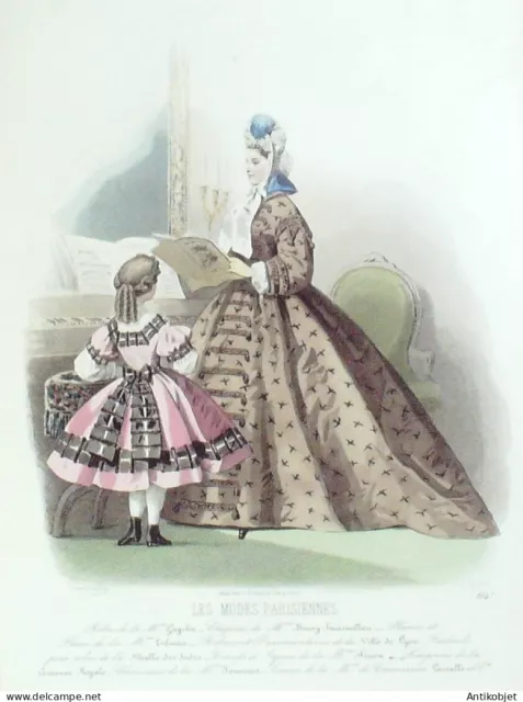 Gravure Modes parisiennes 1863 n°1047 Costume enfant robes perkale brosé