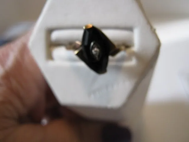 Womens 10k Gold Ring with Black Onyx and small diamond