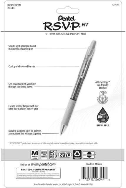 NEW Pentel 6-Pk RSVP RT Pastel Barrel Retractable Ballpoint Pens 1.0mm BK93FBP6M 3