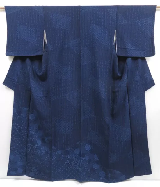 2827T08z1040  Japanese Kimono Silk TSUKESAGE Flowers Indigo