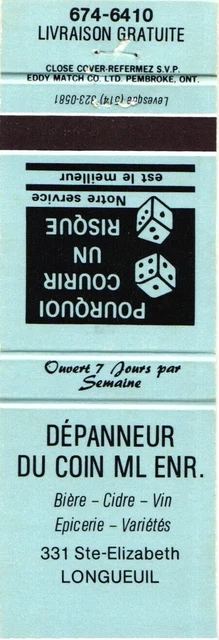 Quebec Canada Du Coin Ml Enr., Convenience Store Vintage Matchbook Cover