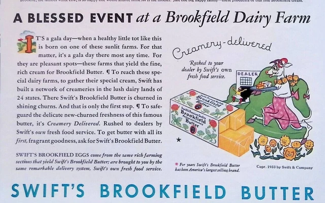 1933 Swift's Brookfield Butter Anthropomorphic Cows Original Print Ad 7.5x10.5"