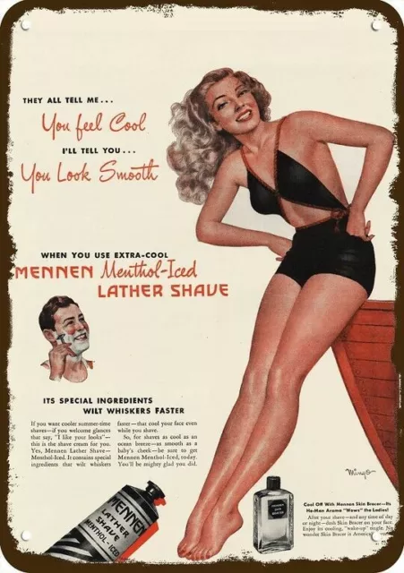 1946 MENNEN SHAVE CREME Vintage Look REPLICA METAL SIGN SEXY BLONDE WOMEN PIN-UP