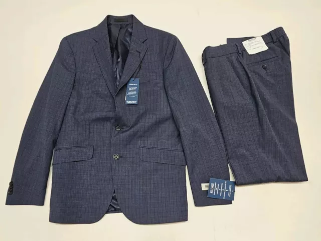 Kenneth Cole Mens 38R Jacket 31x32 Pants Elastic Slim Fit Plaid Navy 2 Pc Suit