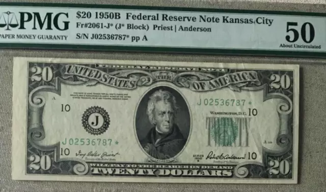 1950B $20 Pmg50 About Uncirculated, Fed Res *Star* Note, Kansas City        9202