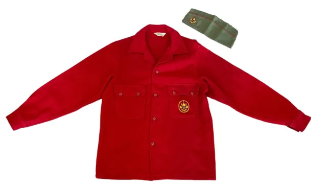 Boy Scouts of America Red Wool Jac-Shirt Jacket BSA Shirt Size 40 With Hat VTG