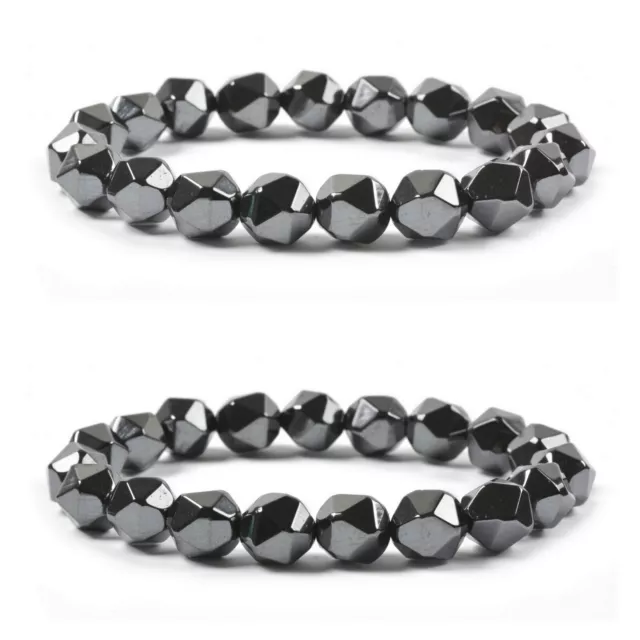 8mm 10mm Faceted Hematite beads stretchable bracelet 7 inch