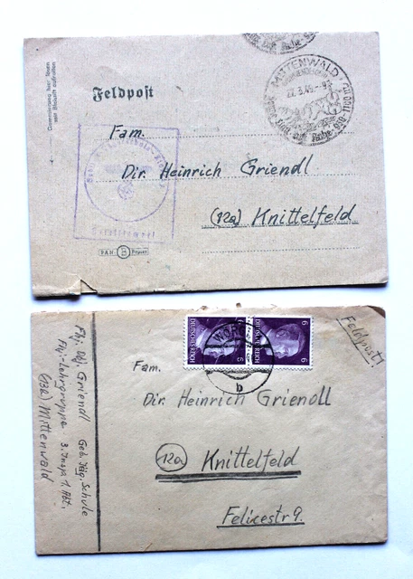 2 Feldpostbriefe 3/1945 m. Inh. Gebirgsjäger Schule Mittenwald nach Knittelfeld 2 Feldpostbriefe 3/1945 m. Inh. Gebirgsjäger Schule Mittenwald nach Knittelfeld
