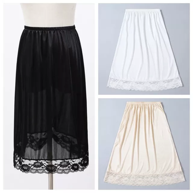 Women Lace Satin Faux Silk Skirt Underskirt Petticoat Under Dress Half Soft