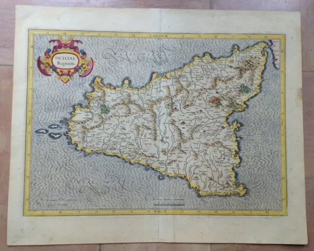 Sicily (Italy) 1623 Gerard Mercator/Jodocus Hondius Large Antique Engraved Map