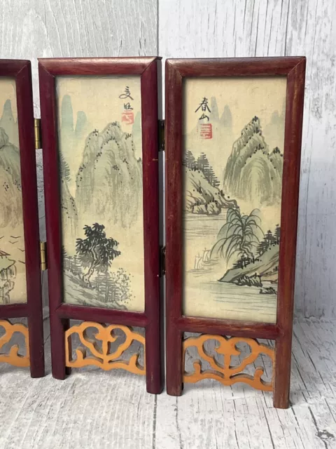 Miniature Oriental Folding Screen Hand Painted Silk and Wood - 4 Hinged Panels 3