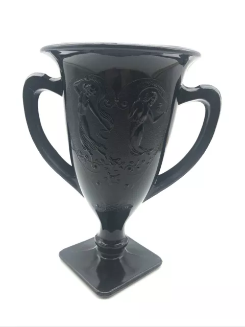 LE Smith Dancing Nymphs Ladies  Black Amethyst Glass 2 Handle Trophy Vase 1930's