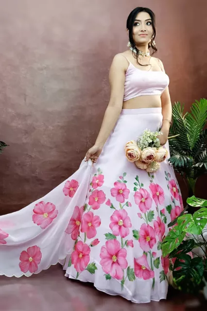 Hand-Painted Flowers Hollyhocks Organza Lehenga Best for Engagement Dress