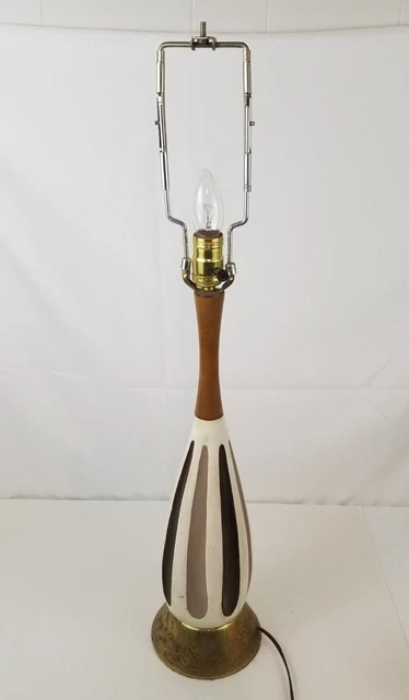 Vintage Mid Century Table Parlor Lamp Wooden Neck Brown Taupe 30"
