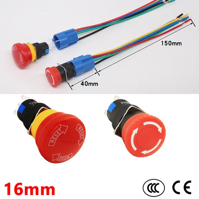 16MM EMERGENCY STOP Push Button Switches Mushroom Head ON OFF Latching ...