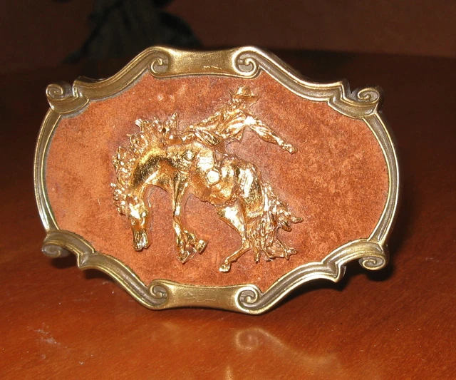 1978 Raintree Cowboy Bucking Bronco Belt Buckle Embossed Image w Suede Back