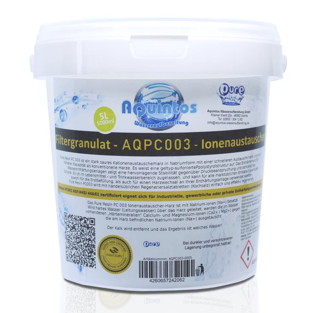 Intercambiador de iones de resina ablandadora Pure Resin PC003 sistema de descalcificación de agua 5 litros