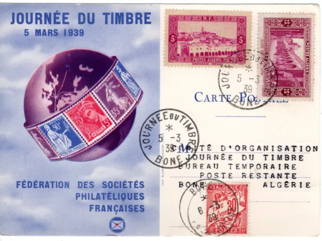 406+ FDC  CARTE MAXIMUM  1er JOUR  JOURNEE  DU  TIMBRE 1939 BONE  ALGERIE