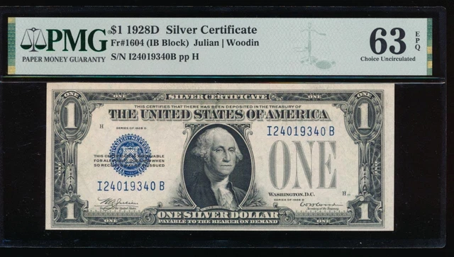 AC 1928D $1 Silver Certificate PMG 63 EPQ I-B block Fr 1604