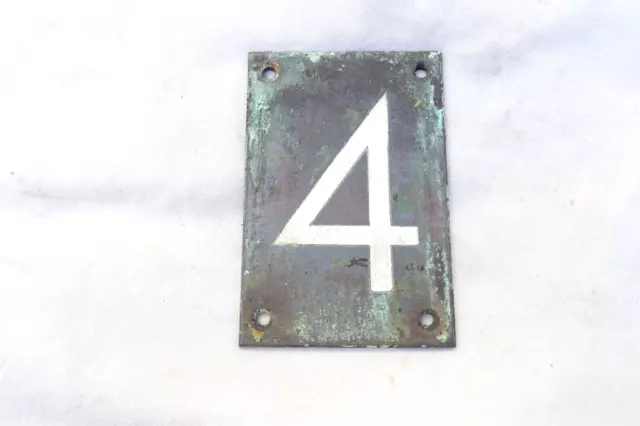 Antique Authentic Door number 4 Patinated Bronze Plate Inset Enamel 3X2" 1900s