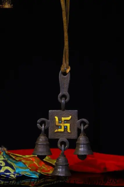 6.4'' Tibetan Buddhist temple bronze Gilt “卍” Swastika statue zhong bell Pendant