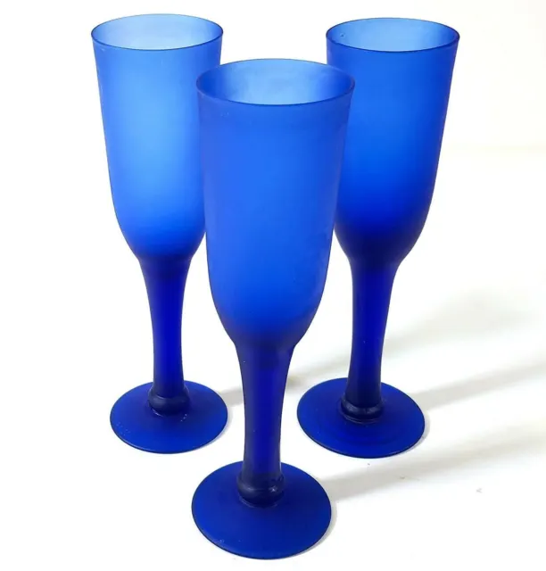 Vintage Cobalt Blue Satin Champagne Glasses Hand Blown x3 Q189