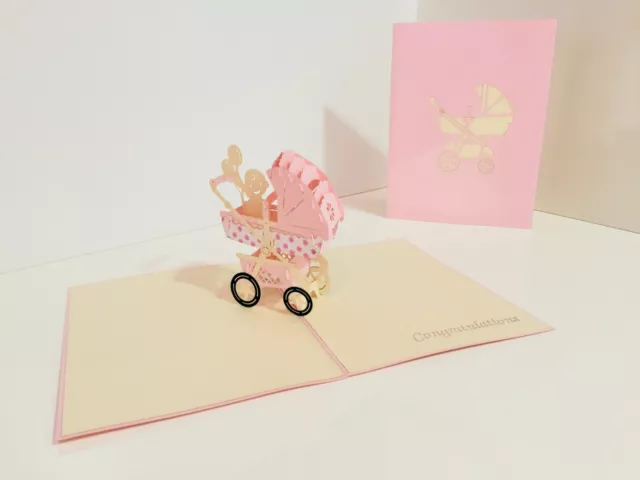 ORIGAMI POP CARDS Baby Carriage Pram in Pink 3D Pop Up Card Handmade With Love 2