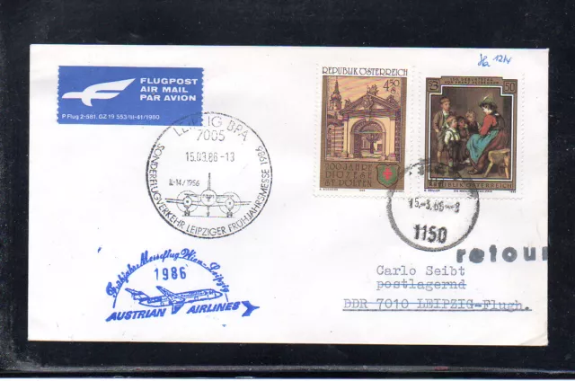 AUA AUSTRIAN AIRLINES FFC VIENNA - LEIPZIG 1986 BLUE cachet