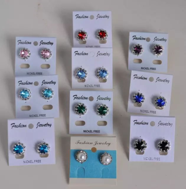 Job lot stud earrings bundle. 10 pairs. Crystal/diamante/pearl. Teal, aqua, red+