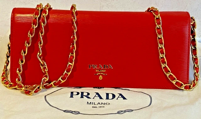 AUTHENTIC PRADA SAFFIANO Red Leather Wallet on Chain Bag Crossbody