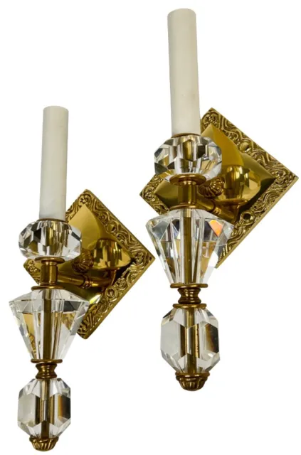 Pair French Mid Century Hollywood Regency Crystal Gilt Brass Ormolu Wall Sconces