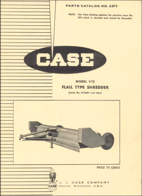 Shredder Service Parts Manual Fits Case V12 Flail Type Shredder A875