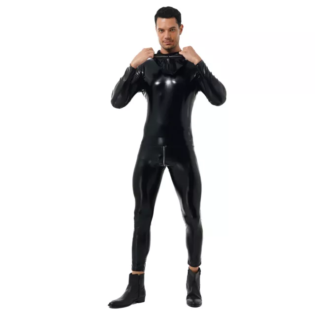 US Men's Patent Leather Full Bodysuit Zipper Back Hooded Jumpsuit Party Clubwear