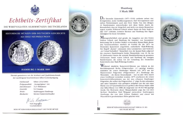Silbermedaille "Hamburg - 5 Mark 1888" in Kapsel mit Zertifikat