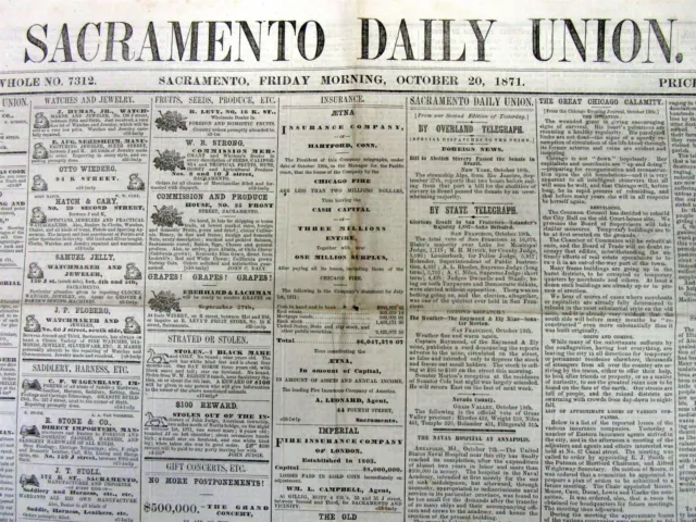 1871 Sacramento CA newspaper wTHE PESHTIGO FIRE in WISCONSIN +Great CHICAGO FIRE