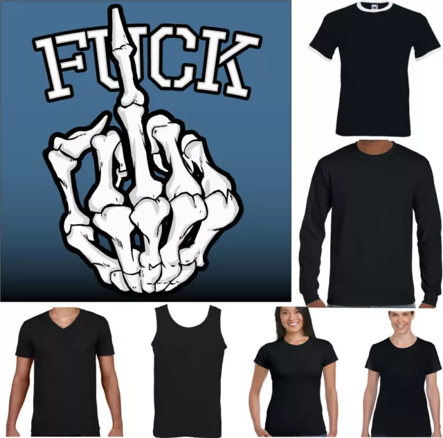Teschio T-Shirt Uomo Scheletro Biker Punk Rock Tatuaggio Dito A F Mano Funny Top