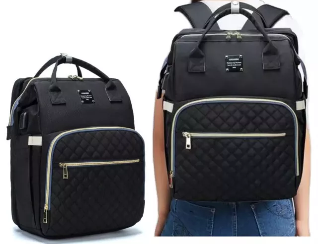 Backpack Black Quilted Baby Diaper Bag + Warmer Travel Bassinet Bed