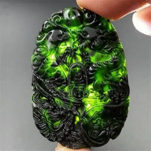 Natural Chinese Black Green Jade Dragon Phoenix Necklace Pendant Lucky Amulet
