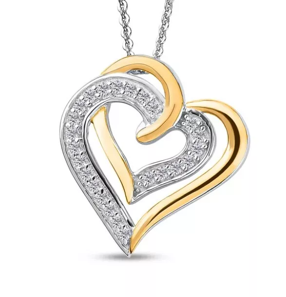 Simulated Diamond Heart Pendant With Chain in White & Yellow Gold Over Silver